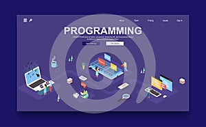 Programming company concept 3d isometric landing page template. People create software, writing code for programs, testing mobile