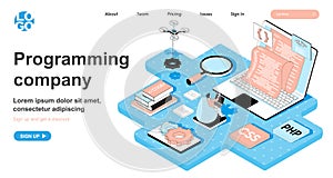 Programming company isometric concept. Programmer writes code