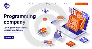 Programming company isometric landing page. Development of programs and app isometry concept. Programmer coding, testing code 3d