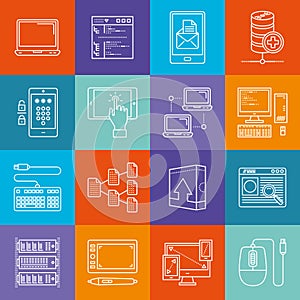 Programming and computers lineart minimal vector iconset on multicolor checkered texture