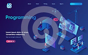 Programming concept 3d isometric web landing page. People develop software and programs, create applications, work with code,