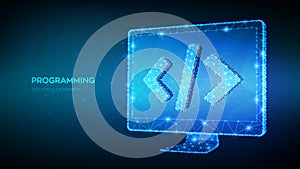 Programming concept. Abstract low polygonal computer monitor with programming code symbol. Coding or Hacker background