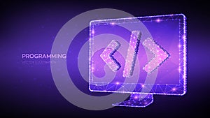 Programming concept. Abstract low polygonal computer monitor with programming code symbol. Coding or Hacker background.