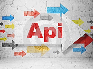 Programming concept: arrow with Api on grunge wall background
