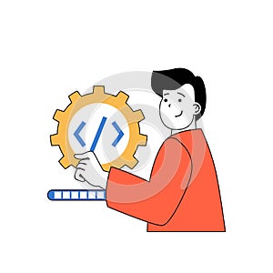 Programming concept with cartoon people in flat design for web. Vector illustration