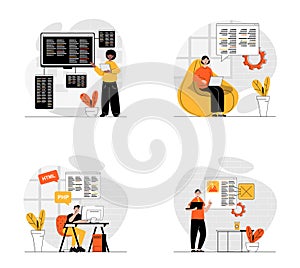 Programming concept with character set. Collection of scenes people working with code, testing and optimization programs, creating