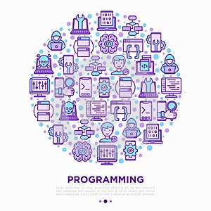 Programming concept in circle with thin line icons: developer, code, algorithm, technical support, program setup, porting,