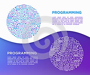 Programming concept in circle with thin line icons: developer, code, algorithm, technical support, program setup, porting,