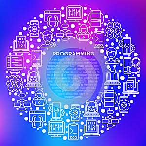 Programming concept in circle with thin line icons: developer, code, algorithm, technical support, program setup, porting,