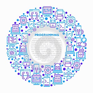 Programming concept in circle with thin line icons: developer, code, algorithm, technical support, program setup, porting,
