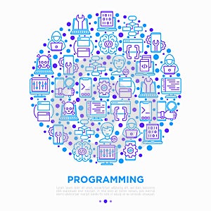 Programming concept in circle with thin line icons: developer, code, algorithm, technical support, program setup, porting,