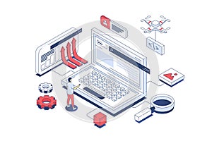 Programming concept in 3d isometric design. Developer coding and working with software development, creating and releasing new