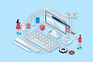 Programming concept in 3d isometric design. People working with code or script, creating software, prototyping and making