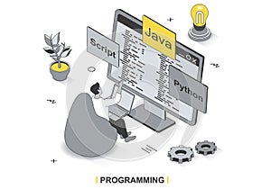 Programming concept in 3d isometric outline design.