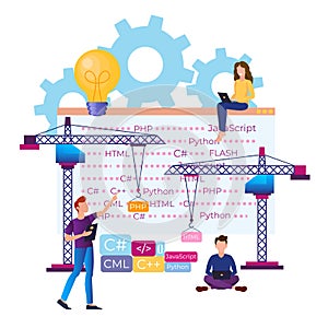 Programming concept. A group of programmers is working on the code. Testing and writing a computer program, website
