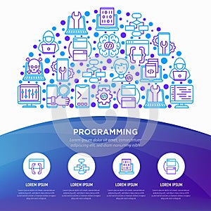 Programming concept in half circle with thin line icons: developer, code, algorithm, technical support, program setup, porting,