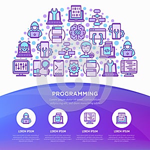 Programming concept in half circle with thin line icons: developer, code, algorithm, technical support, program setup, porting,