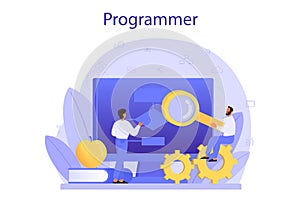 Programming concept. Idea of working on the computer, coding, testing