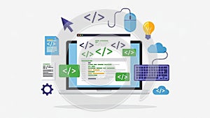Programming Concept Illustration on Laptop With Code and Development Tools