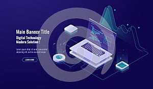 Programming concept isometric icon, laptop with program code on screen, data visualization dark neon