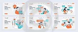 Programming concept of landing page with slide templates set in flat design. Website headers with people coding on