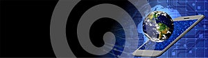 Programming concept. mobile software script binary coding snippet on data science diagram and globe sphere background.