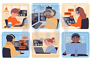 Programming concept with people situation set in flat web design. Bundle scenes with multiethnic diverse characters coding and