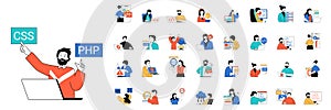 Programming concept with people situations mega set in flat web design. Bundle scenes of developers coding, creating apps or