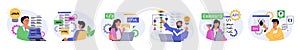 Programming concept set in flat design for web. Collection with people coding on computer or laptop on html, php, java