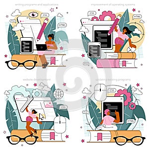 Programming concept set. Idea of coding, testing and writing program