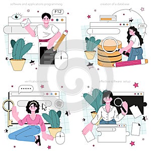 Programming concept set. Idea of coding, testing and writing programs