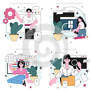 Programming concept set. Idea of coding, testing and writing programs
