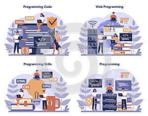 Programming concept set. Idea of working on the computer, coding,