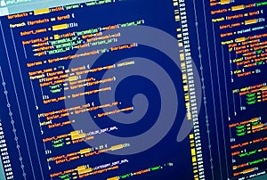 Programming. Web developing on the php language. Orange PHP on dark blue background, macro