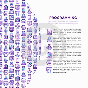 Programming concept with thin line icons: developer, code, algorithm, technical support, program setup, porting, compilation, app