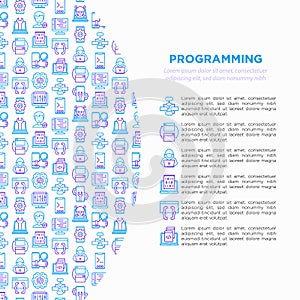 Programming concept with thin line icons: developer, code, algorithm, technical support, program setup, porting, compilation, app