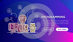Programming concept with thin line icons: developer is coding program, app testing and optimization. Modern vector illustration,