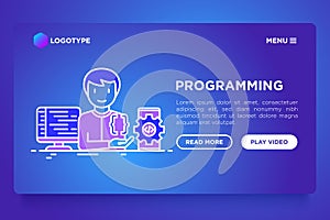 Programming concept with thin line icons: developer is coding program, app testing and optimization. Modern vector illustration,