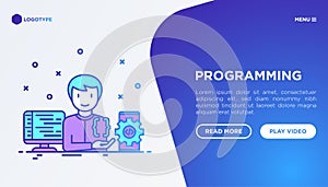 Programming concept with thin line icons: developer is coding program, app testing and optimization. Modern vector illustration,