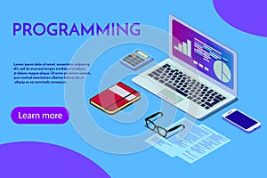 Programming concept, web engineer at work, vector images. Programmer programming web site landing page template