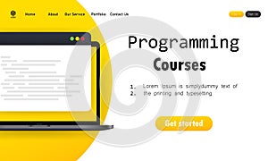 Programming courses illustration. Learning coding on laptop. Cyber education course concept. Studying creating program software.