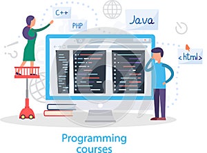 Programming courses online education, coding learning. Information technology training session