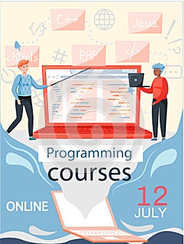 Programming courses online education, coding learning. Information technology training session
