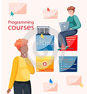 Programming courses online education, coding learning. Information technology training session