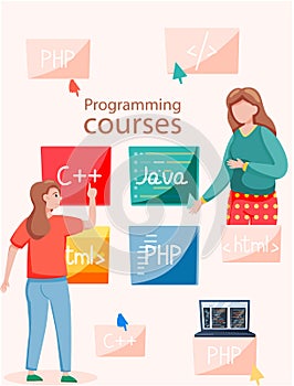 Programming courses online education, coding learning. Information technology training session