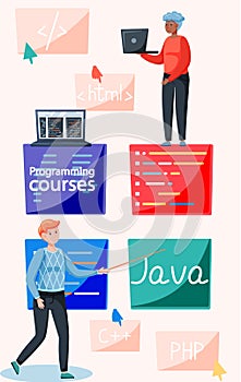 Programming courses online education, coding learning. Information technology training session