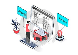 Programming 3d isometric concept with isometry people design for web. Man coding on computer screen and engineering