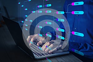 Programming and designing software architecture with node tree. Abstract technology concept with person UML Unified Modeling photo