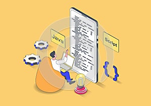 Programming and development concept in 3d isometric design. Vector illustration