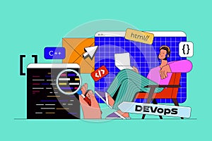 Programming and development web concept with character scene. Developer working with program languages, coding and testing. People